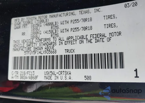 2020 Toyota Tundra Sr5 z USA, uszkodzony, nr VIN 5TFUY5F14LX935668